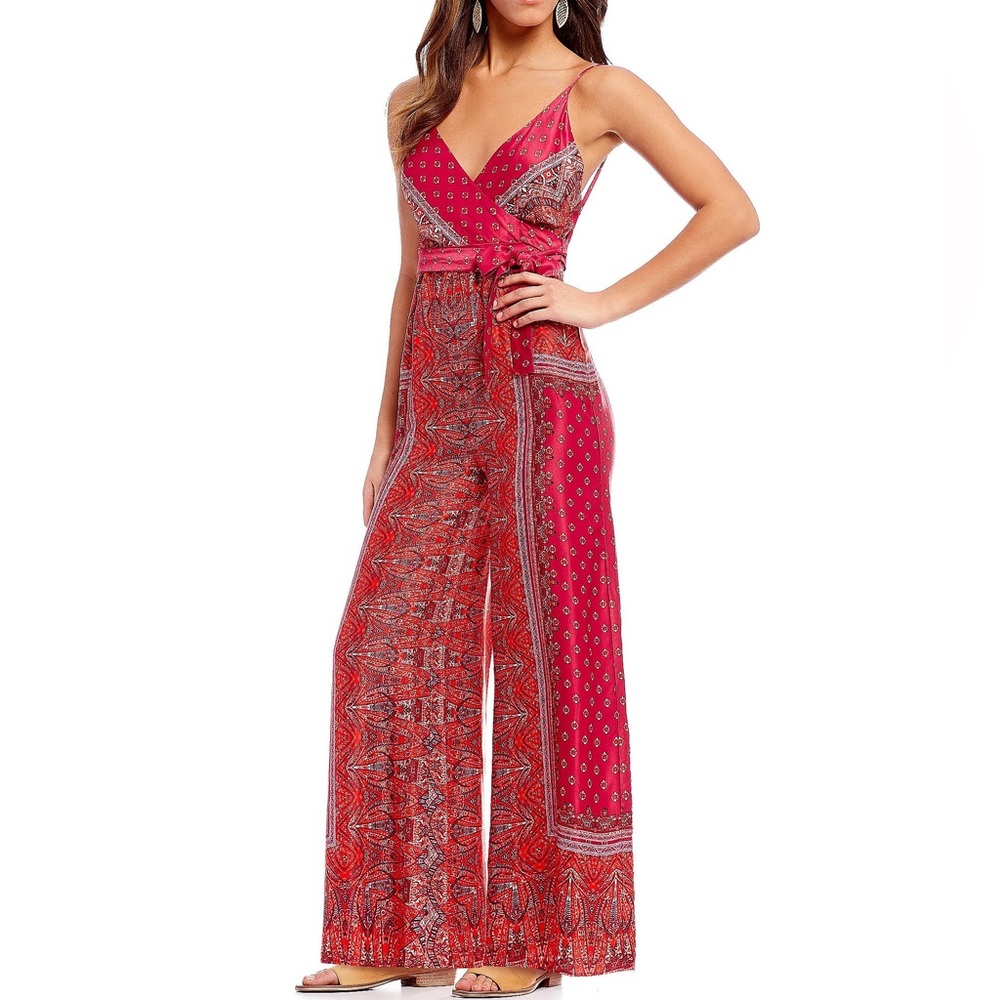 Free People Cabbage Rose Boho Wrap Top Waist Tie Satin Wide Leg Jumpsuit Size 2‎ - Picture 5 of 12